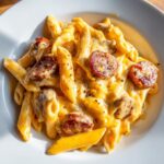 Close-up of creamy penne pasta tossed with browned, sliced kielbasa pasta in a rich cheese sauce.