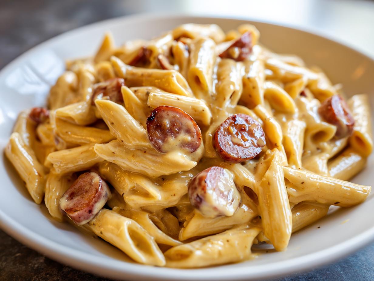 Close-up of creamy penne pasta tossed with browned, sliced kielbasa pasta in a white bowl.