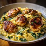 Close-up of creamy lemon chicken orzo mixed with spinach, topped with four pieces of perfectly seared chicken.