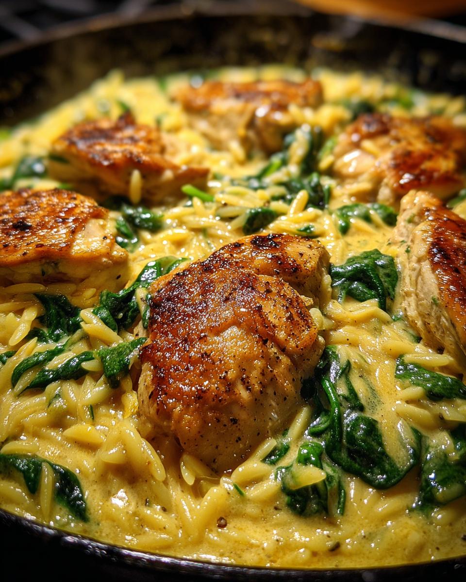 Close-up of seared chicken pieces nestled in creamy lemon chicken orzo pasta mixed with wilted spinach.