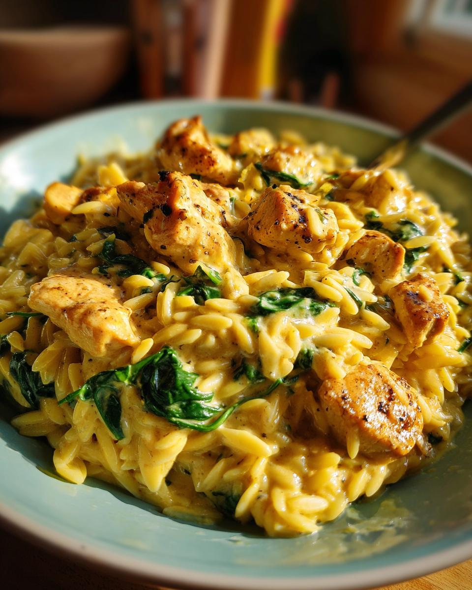 Close-up of creamy lemon chicken orzo pasta mixed with wilted spinach and topped with seasoned chicken pieces.
