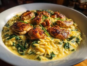 Close-up of creamy lemon chicken orzo pasta mixed with wilted spinach, topped with seared chicken pieces.