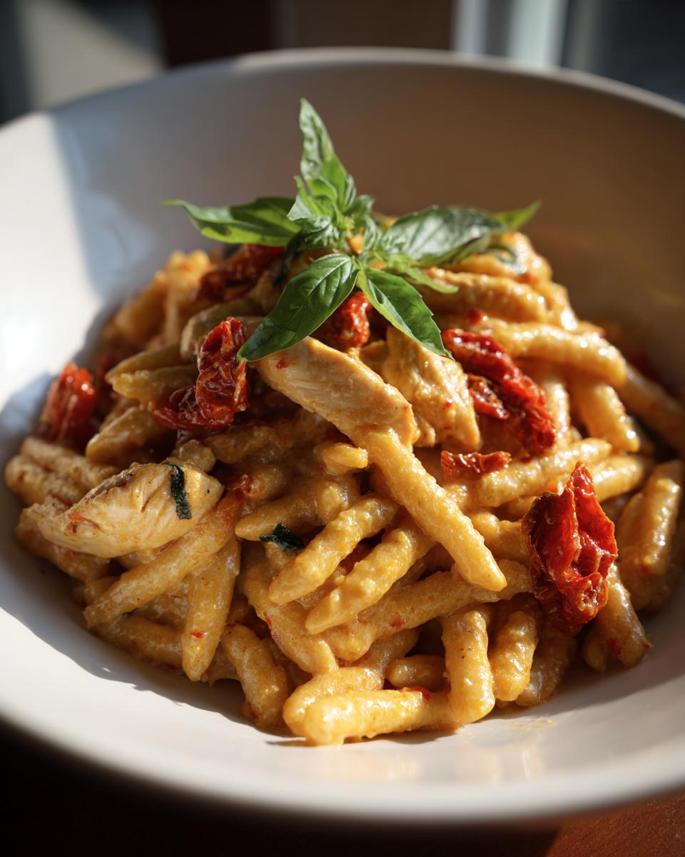 A close-up of creamy Marry Me Chicken Pasta featuring cavatelli-style noodles, chicken pieces, and sun-dried tomatoes, garnished with fresh basil.
