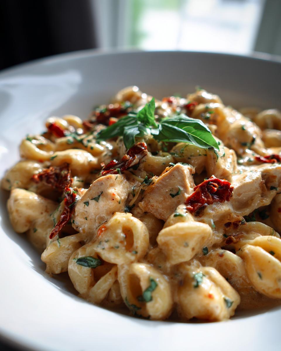 Close-up of creamy Marry Me Chicken Pasta featuring orecchiette, chicken pieces, sun-dried tomatoes, and fresh basil.