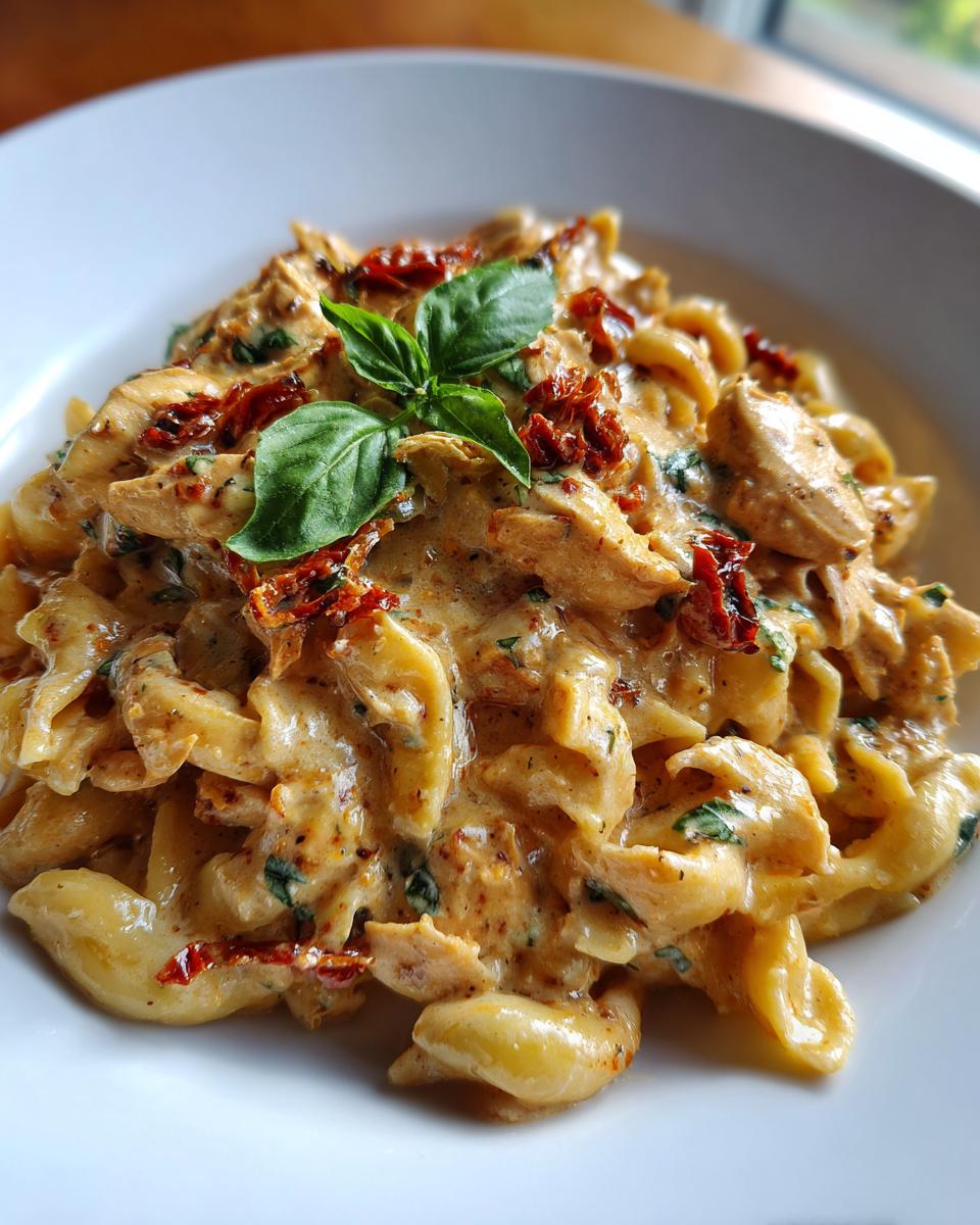 Close-up of creamy Marry Me Chicken Pasta featuring pasta shells, chicken pieces, sun-dried tomatoes, and basil garnish.