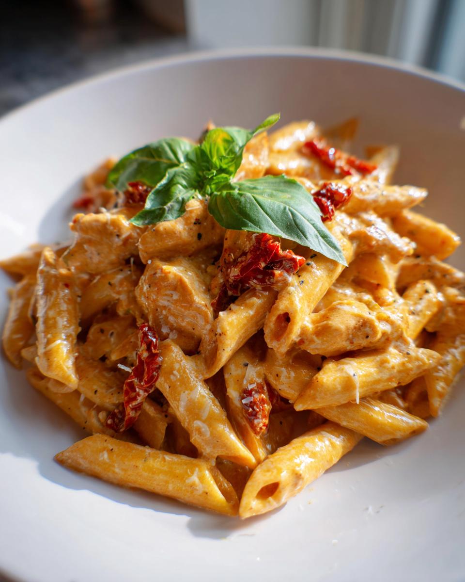 Close-up of creamy Marry Me Chicken Pasta with penne, sun-dried tomatoes, and fresh basil garnish.