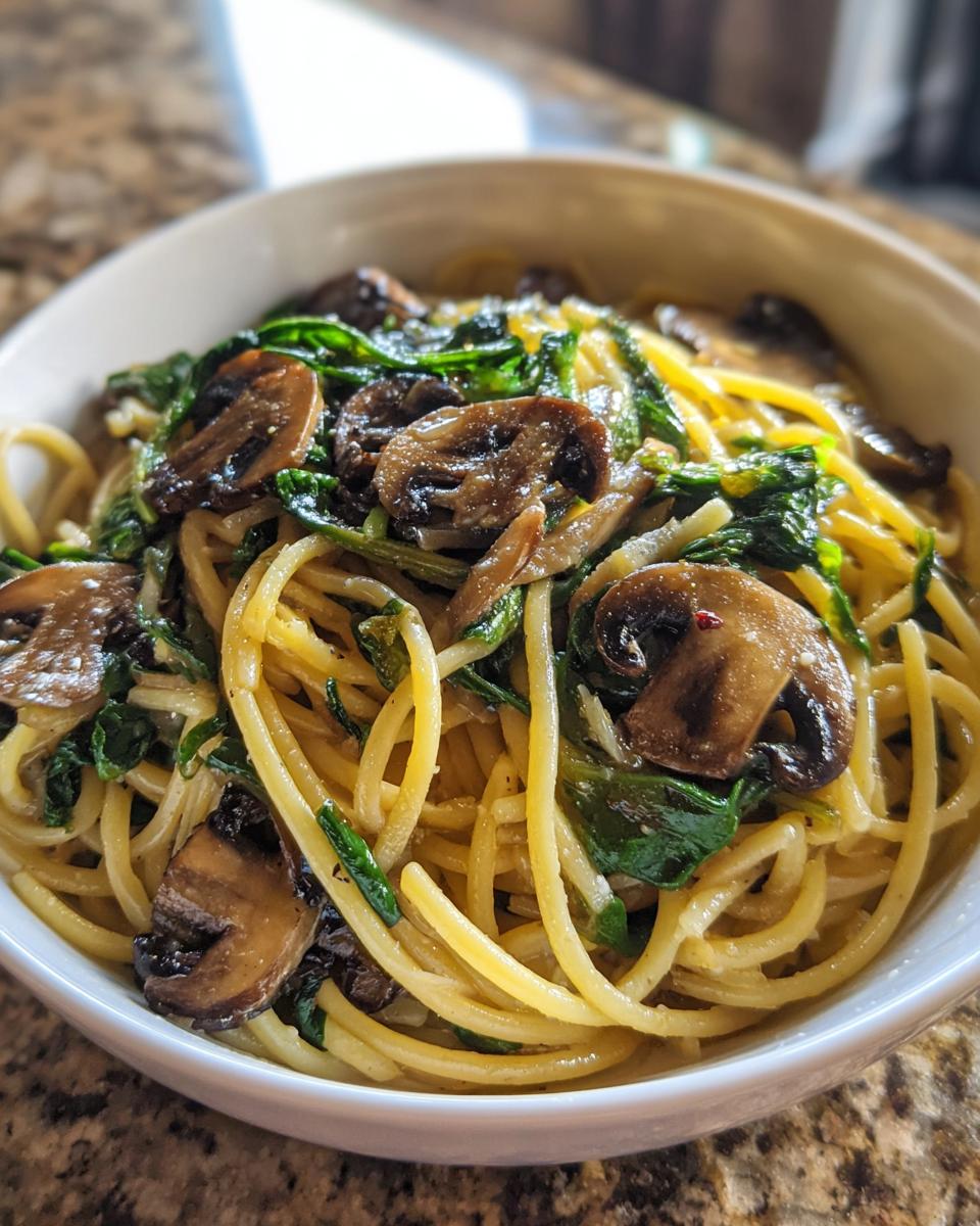 Close-up of creamy mushroom pasta tossed with sautéed spinach and sliced brown mushrooms in a white bowl.