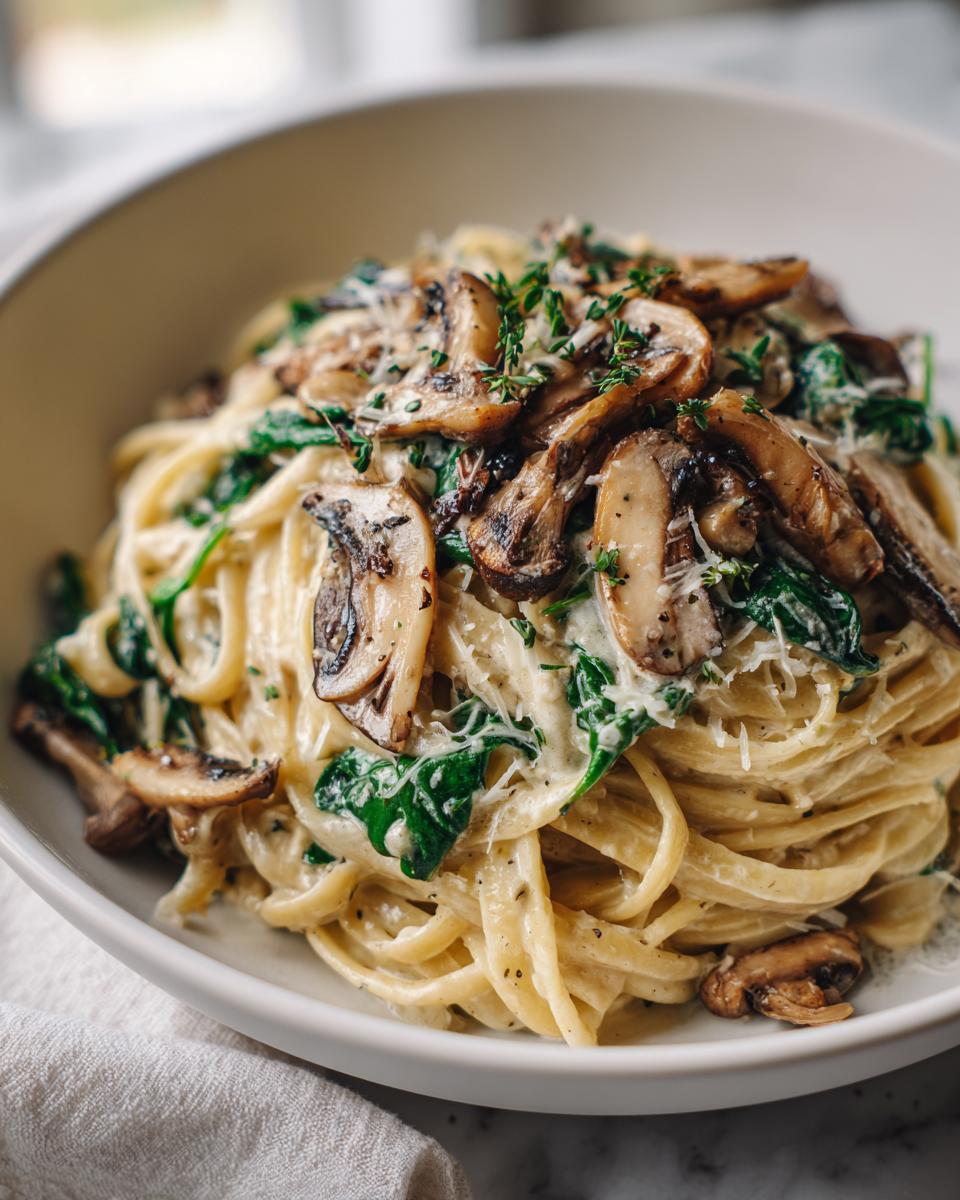 Close-up of creamy mushroom pasta featuring fettuccine, sautéed mushrooms, spinach, and grated cheese.