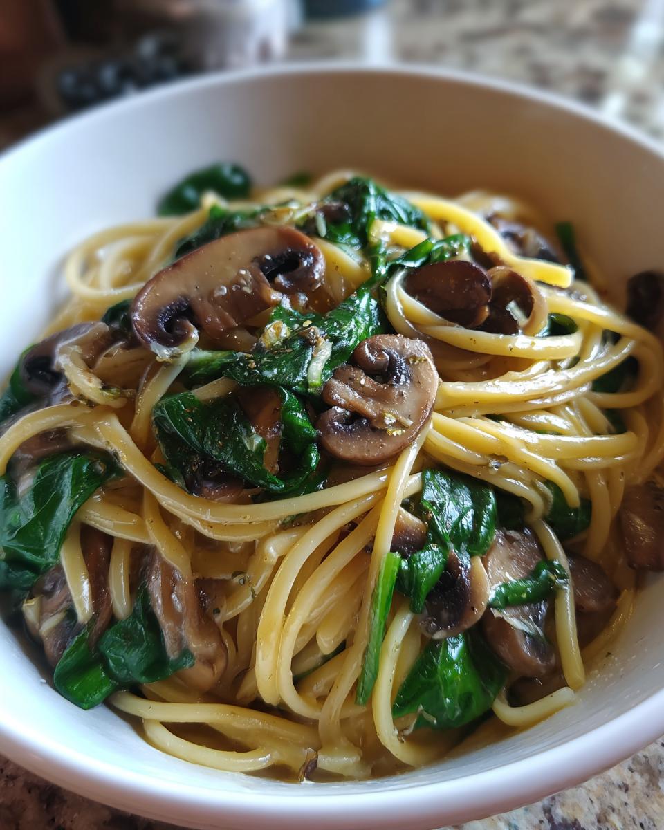 Close-up of creamy mushroom pasta tossed with wilted spinach in a white bowl.