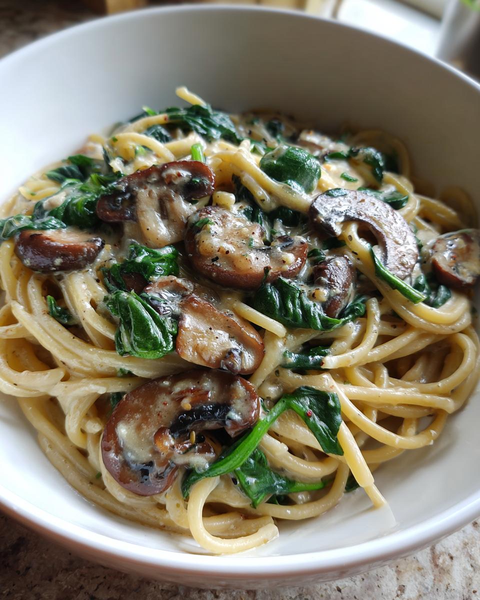 Close-up of creamy mushroom pasta mixed with wilted spinach, served in a white bowl.