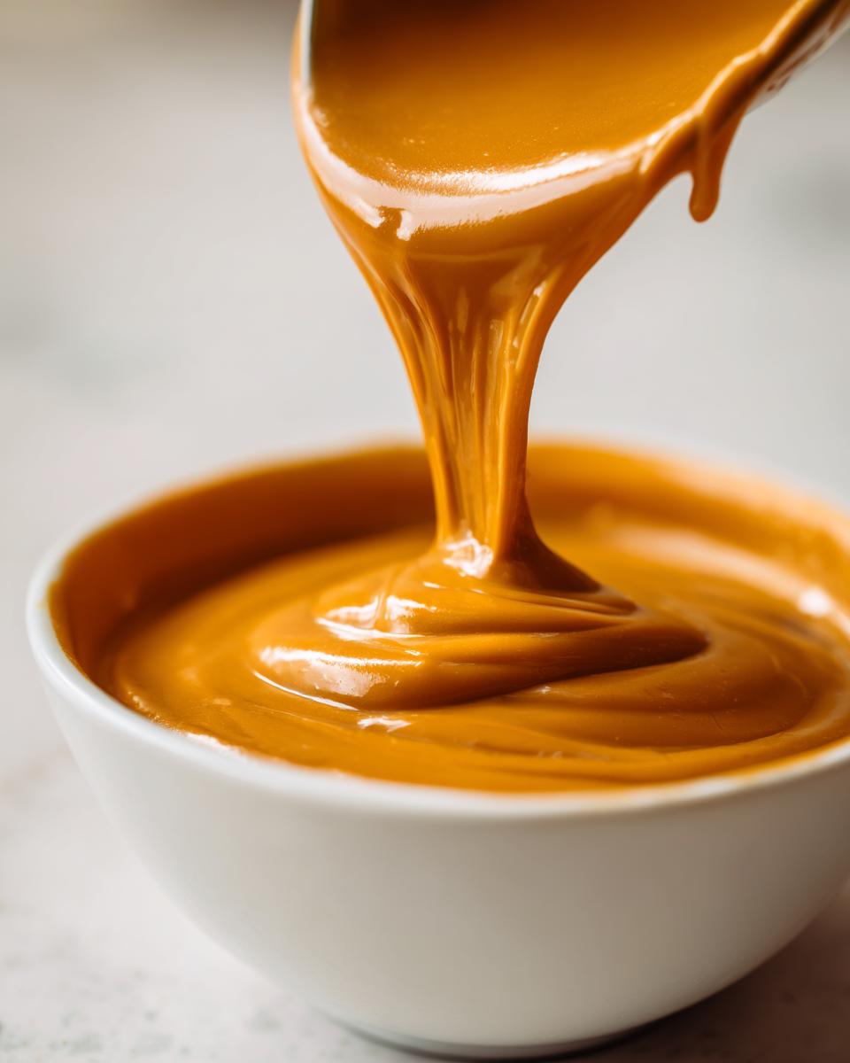 Close-up of thick, vibrant orange nacho cheese being poured from a spoon into a white bowl.