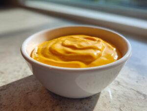 A close-up of vibrant, creamy nacho cheese sauce swirled inside a small white bowl.