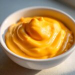 Close-up of rich, smooth, bright orange nacho cheese sauce swirled in a small white dipping bowl.