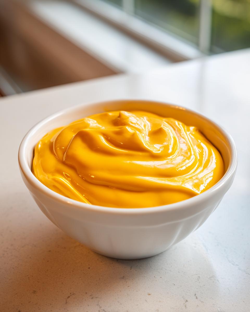 A close-up of thick, bright orange nacho cheese sauce swirled in a small white bowl.
