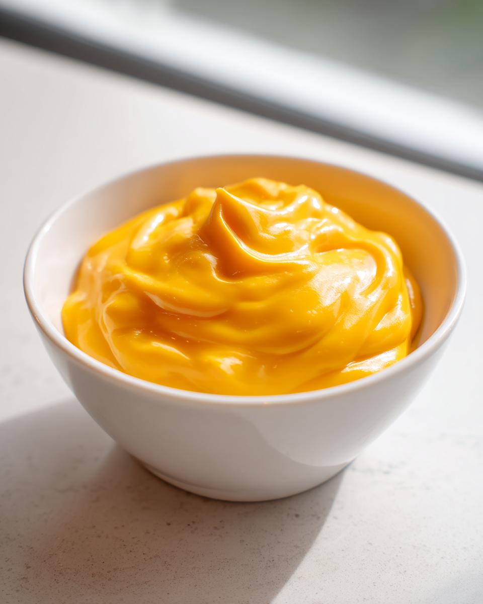 A close-up of thick, bright orange, creamy nacho cheese sauce swirled high in a small white bowl.
