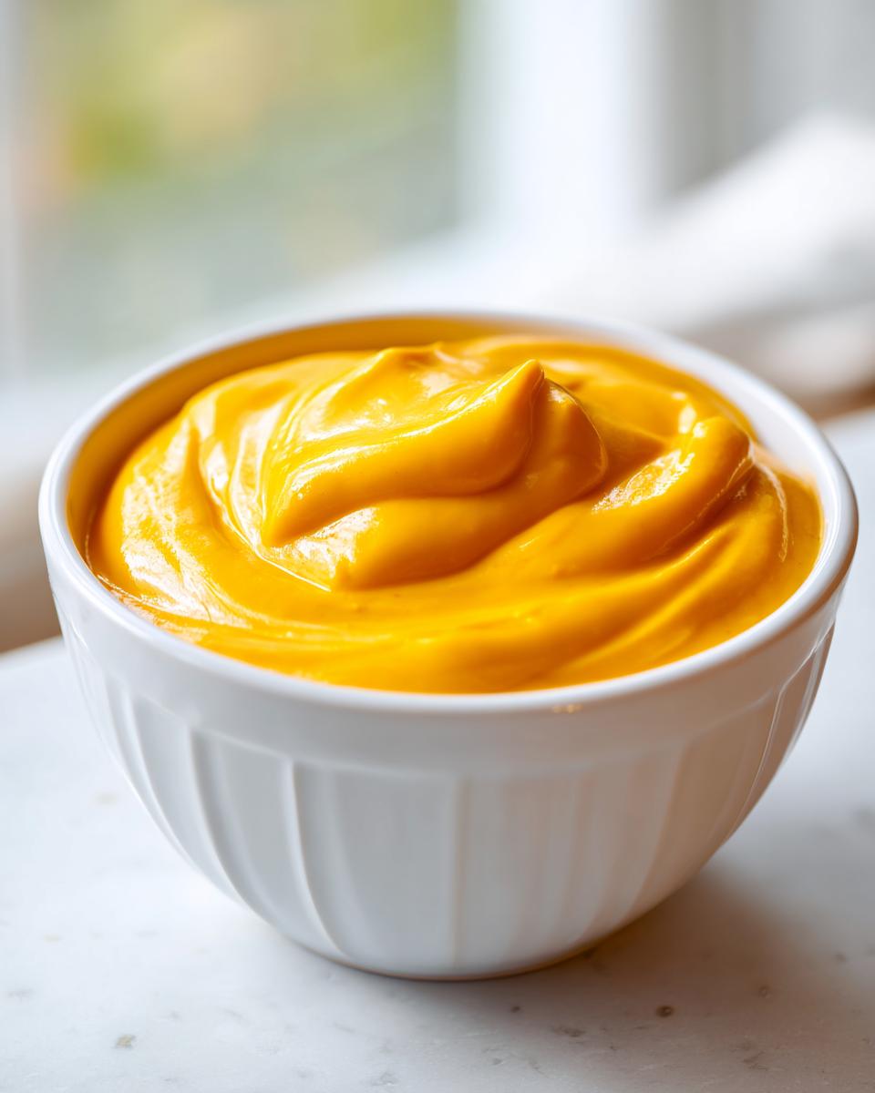 A close-up of thick, vibrant orange nacho cheese sauce swirled in a small white bowl.