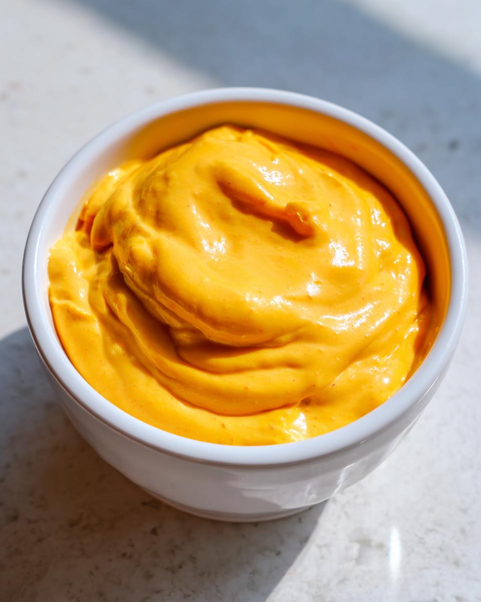 Close-up of thick, vibrant orange creamy nacho cheese sauce swirled in a small white bowl.