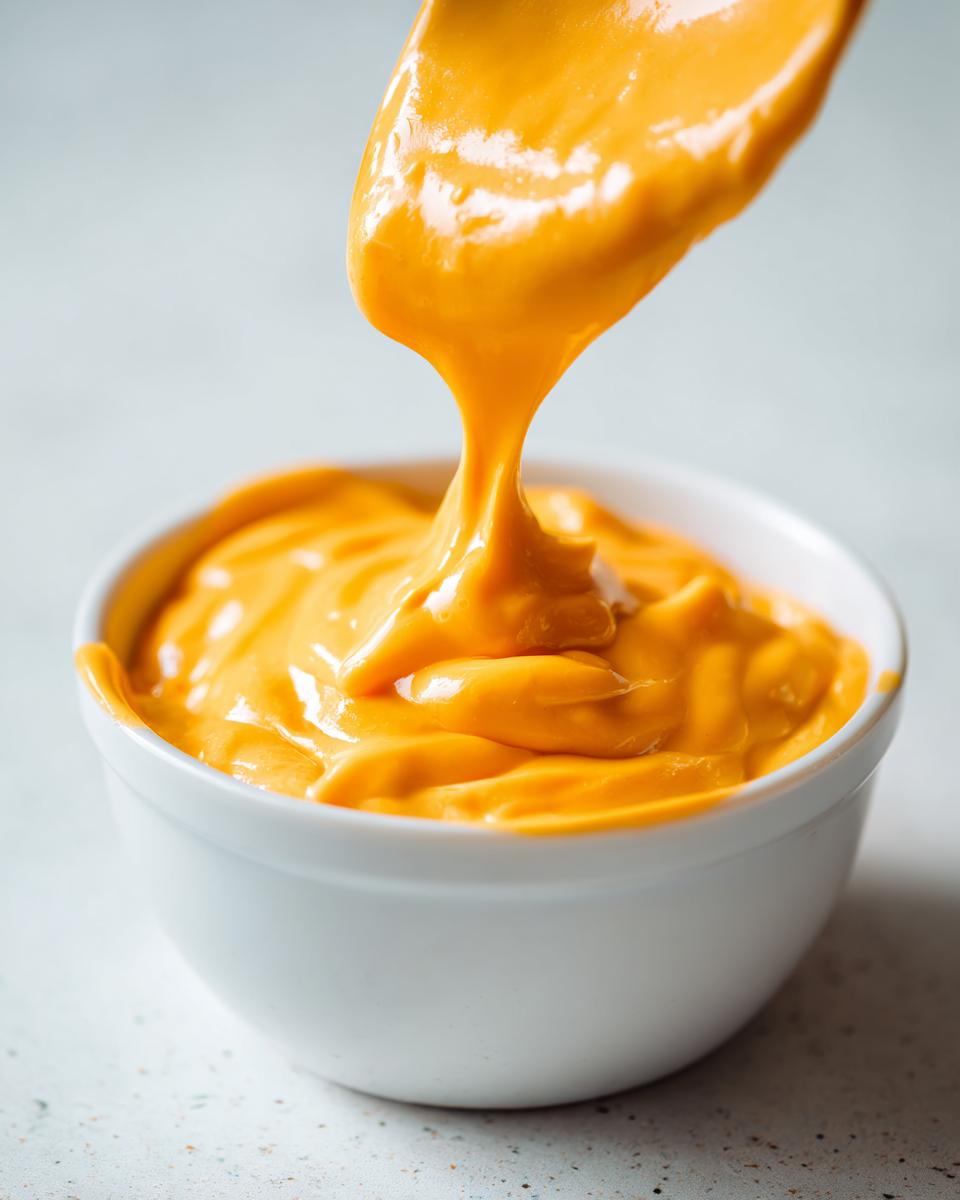A spoonful of vibrant orange, creamy nacho cheese sauce dripping back into a white bowl.