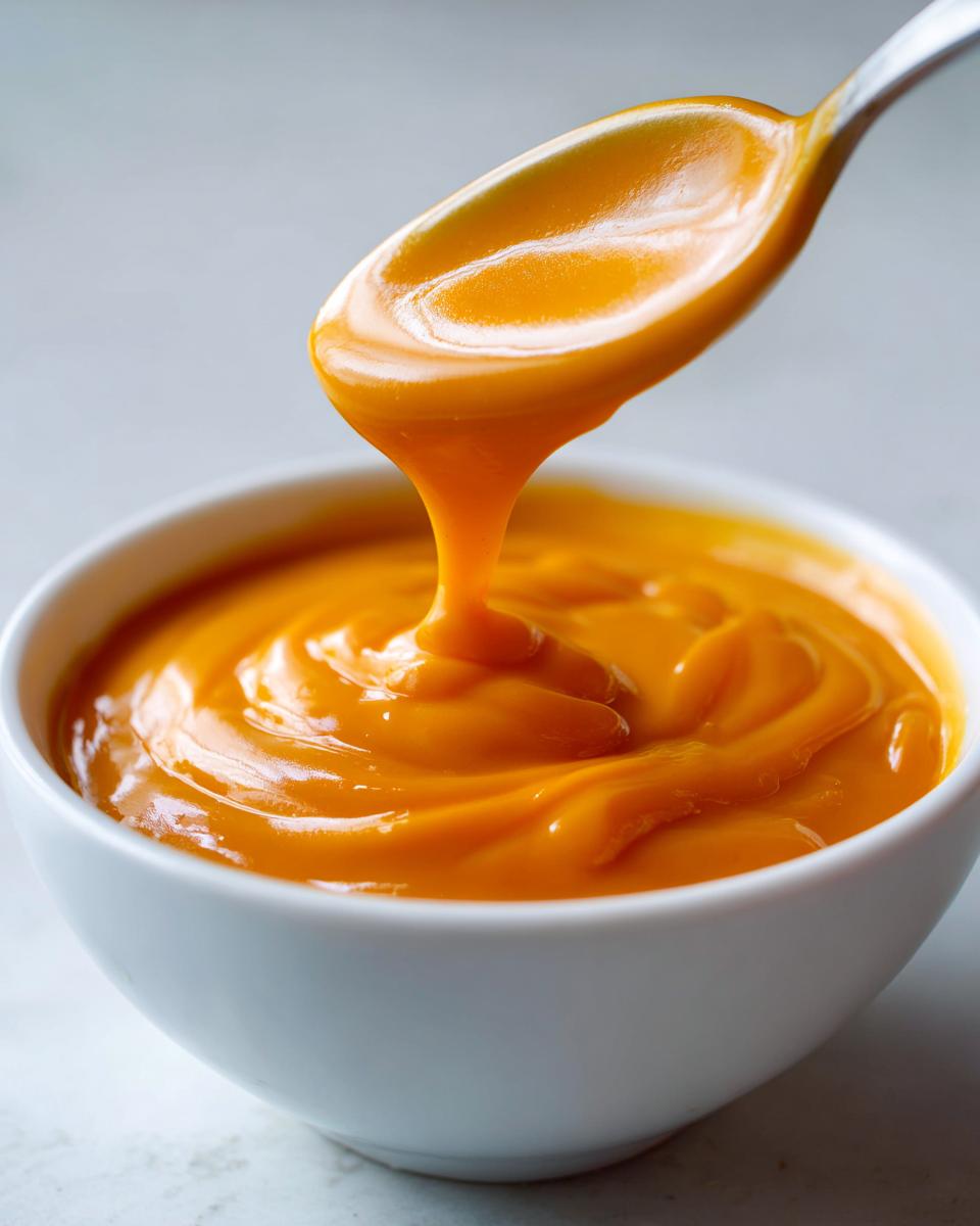 Close-up of thick, bright orange nacho cheese sauce being drizzled from a silver spoon back into a white bowl.