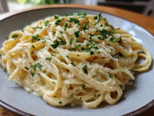 A close-up shot of creamy, rich parmesan pasta tossed in a white sauce and garnished with grated cheese and fresh parsley.