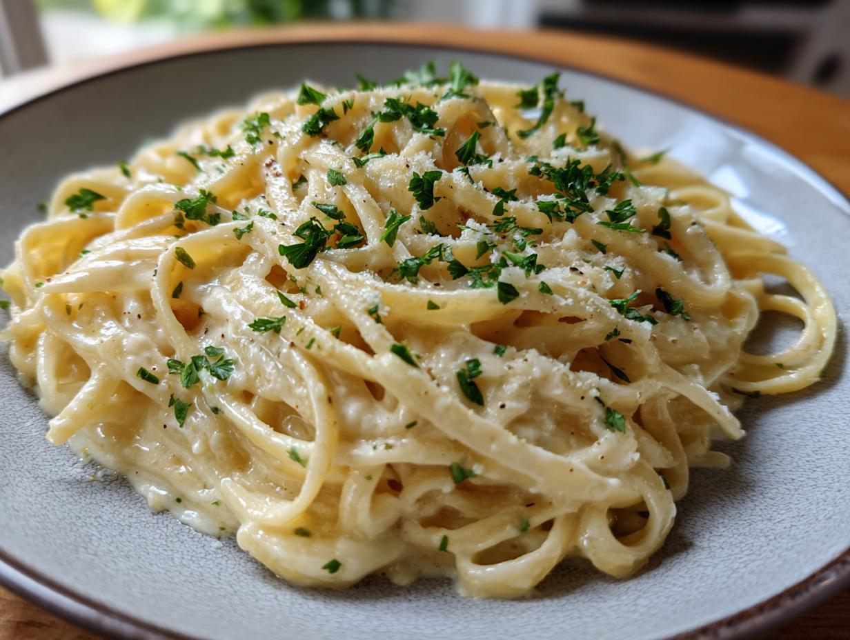 A close-up shot of creamy, rich parmesan pasta tossed in a white sauce and garnished with grated cheese and fresh parsley.