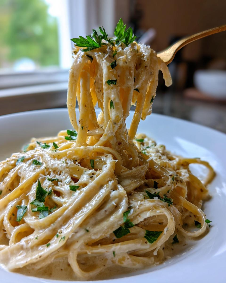 A fork lifting a twirl of creamy fettuccine coated in sauce, representing amazing 25-minute parmesan pasta, garnished with parsley.