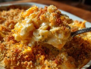 A spoonful of creamy, cheesy vegetable casserole being lifted out, showing a golden breadcrumb topping.