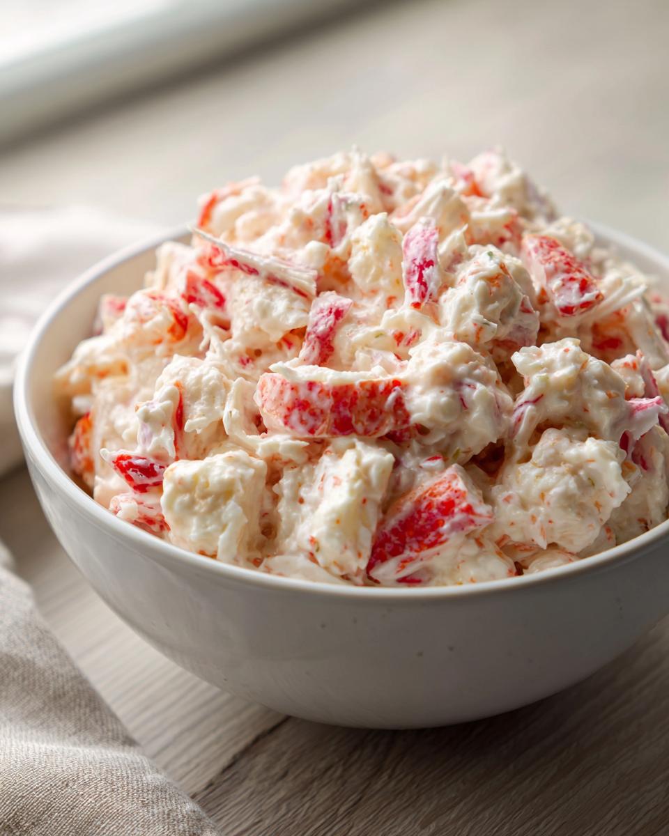 Close-up of a creamy seafood salad with visible chunks of red and white seafood mix in a white bowl.