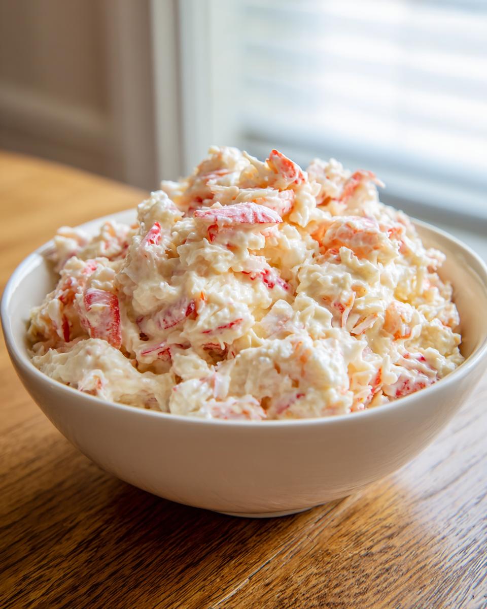A generous serving of creamy seafood salad with visible red imitation crab pieces in a white bowl.