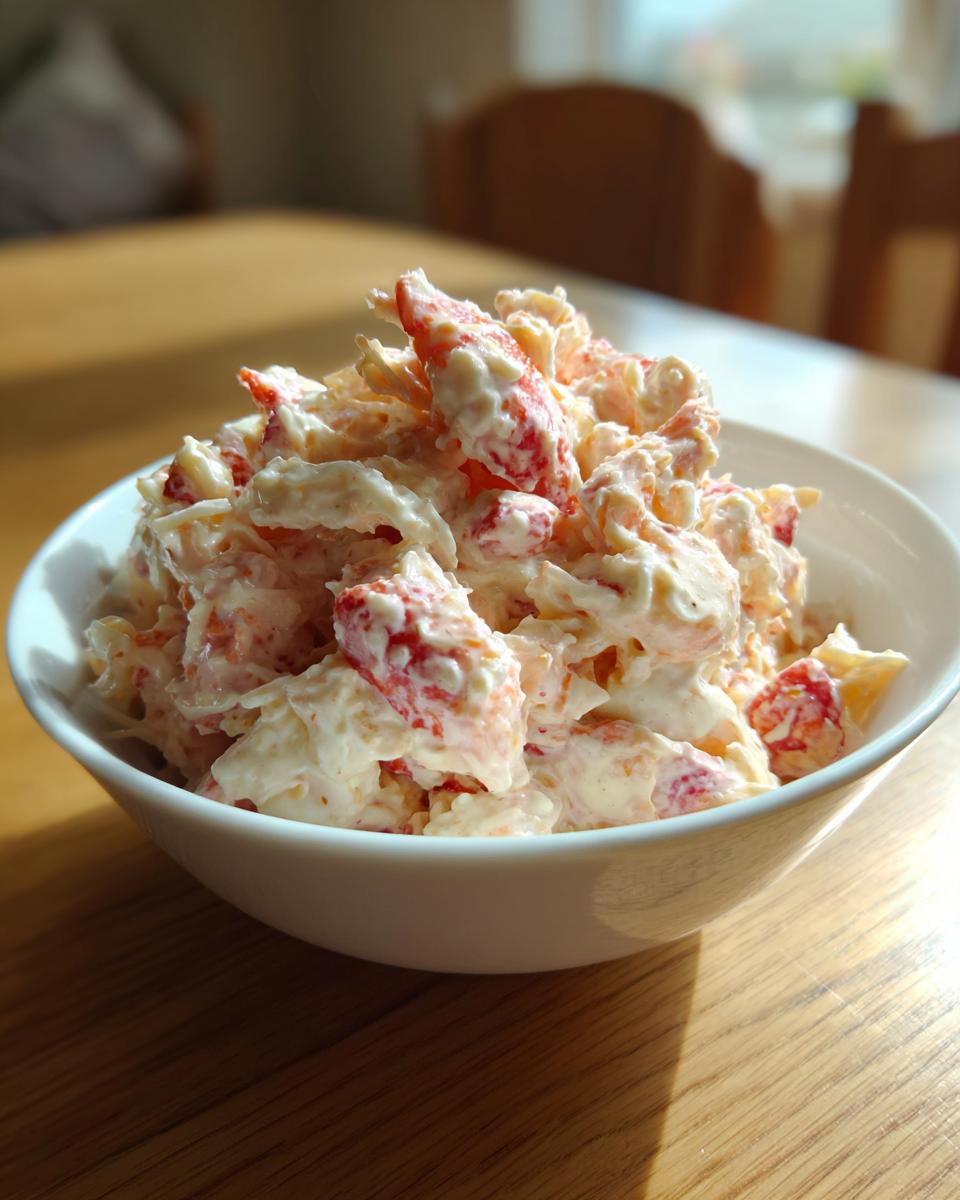 A close-up of creamy seafood salad with visible chunks of pink/red seafood mixed in a white bowl on a wooden table.