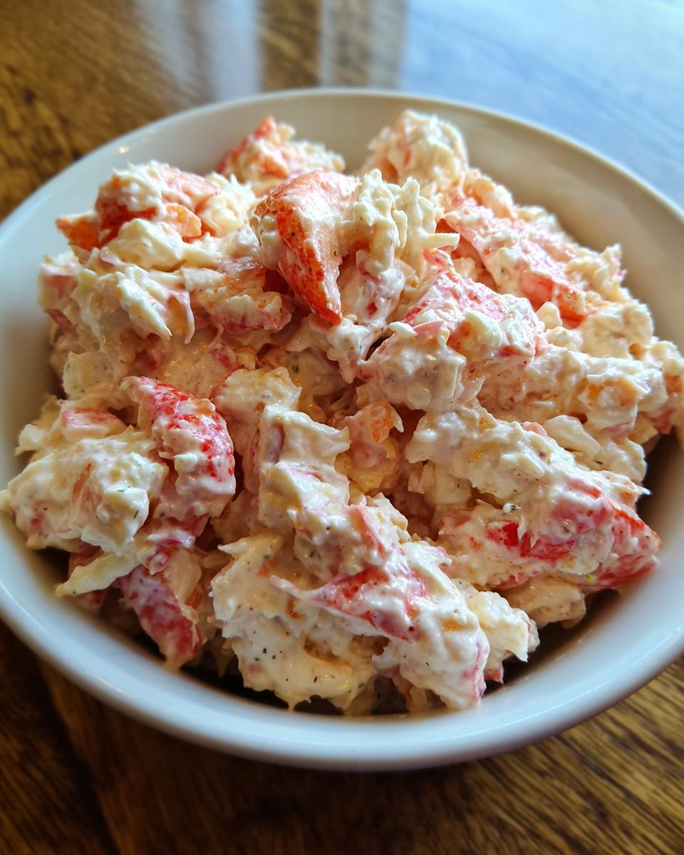 A close-up view of a creamy seafood salad, featuring chunks of white and red imitation crab mixed in a mayonnaise dressing.