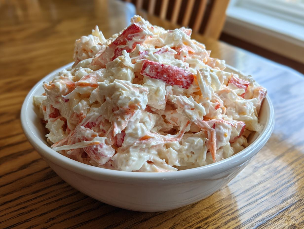 A close-up shot of a generous serving of creamy seafood salad, featuring white and red chunks, in a white bowl.