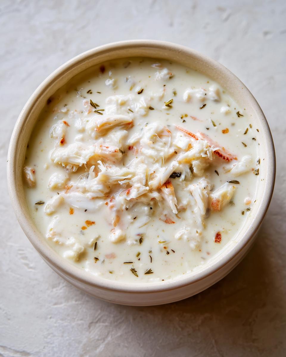 Overhead view of a creamy bowl of rich she crab soup loaded with white crab meat and sprinkled with herbs.