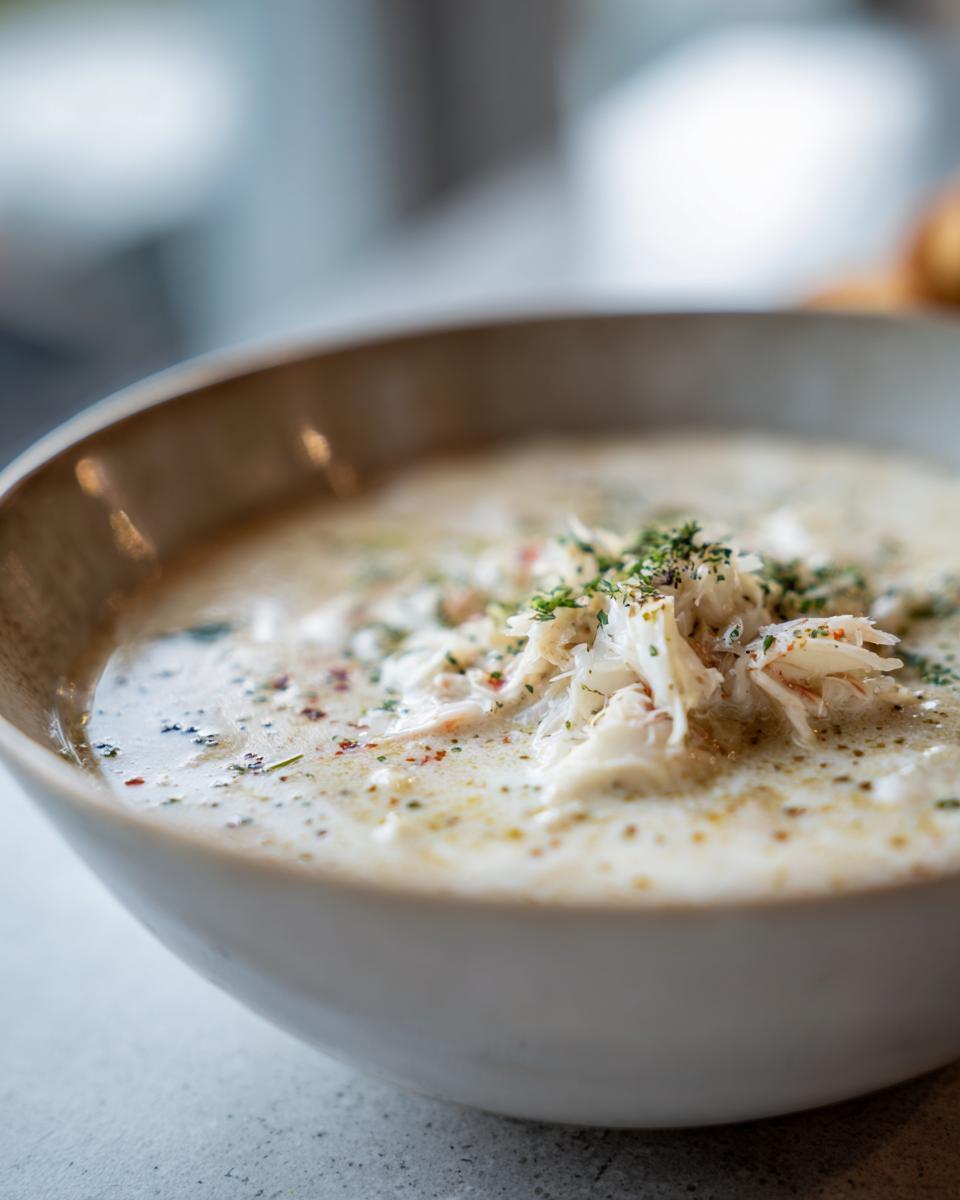 Close-up of a bowl of creamy she crab soup garnished with generous flakes of white crab meat and herbs.