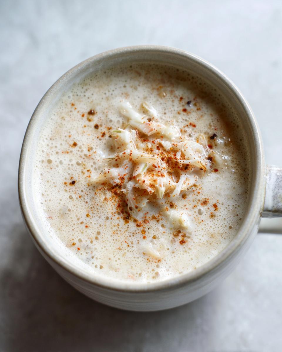 Overhead view of creamy she crab soup topped with shredded crab meat and paprika in a light-colored mug.
