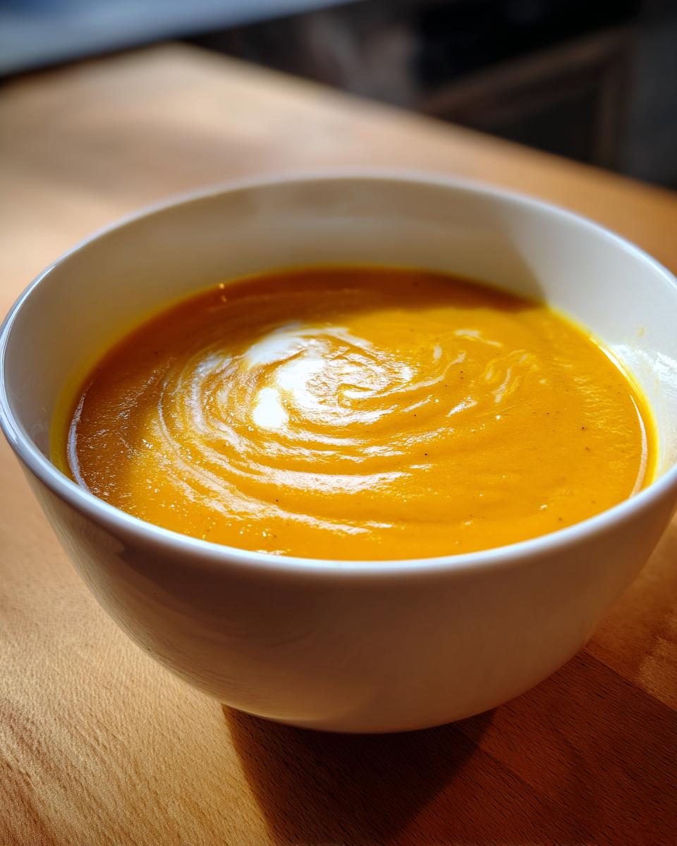 Close-up of a vibrant orange squash soup in a white bowl, swirled with cream.