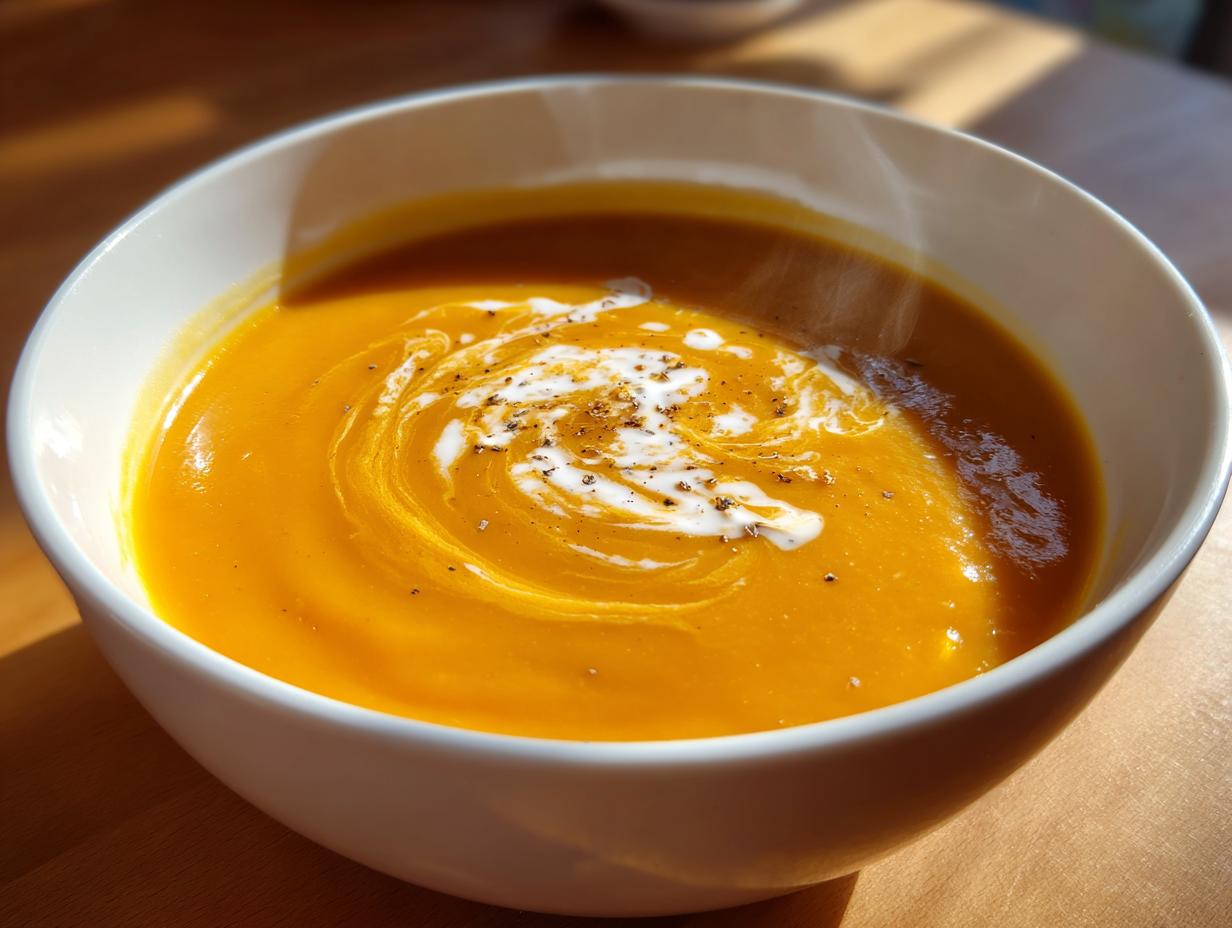 Close-up of a vibrant orange squash soup in a white bowl, swirled with cream and topped with black pepper.