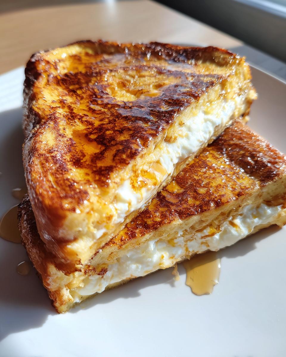 Two halves of golden brown stuffed french toast stacked, showing a thick layer of creamy white filling and drizzled with syrup.