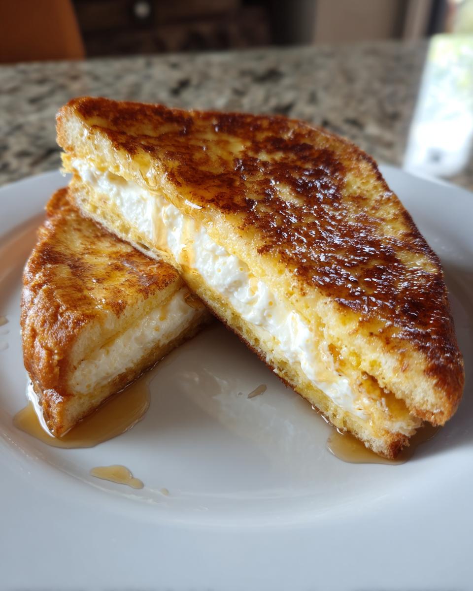 Two halves of golden brown stuffed french toast filled with white cream cheese, drizzled with maple syrup.