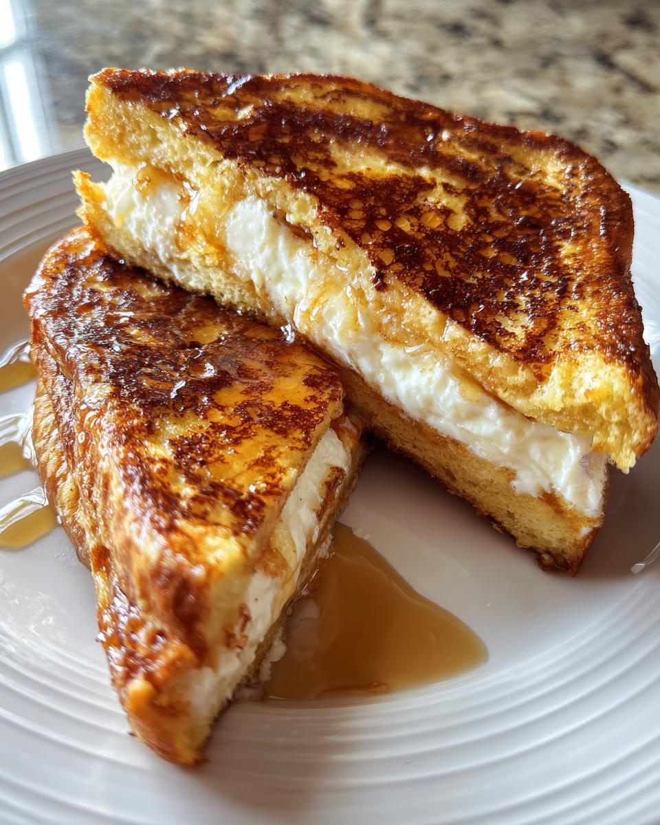 Two halves of golden brown stuffed french toast filled with creamy white filling, drizzled with syrup.