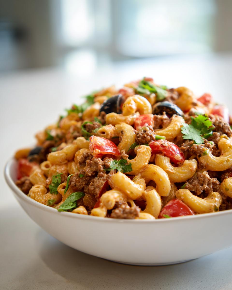 A close-up of a white bowl filled with creamy taco pasta salad featuring macaroni, seasoned ground beef, tomatoes, and black olives.