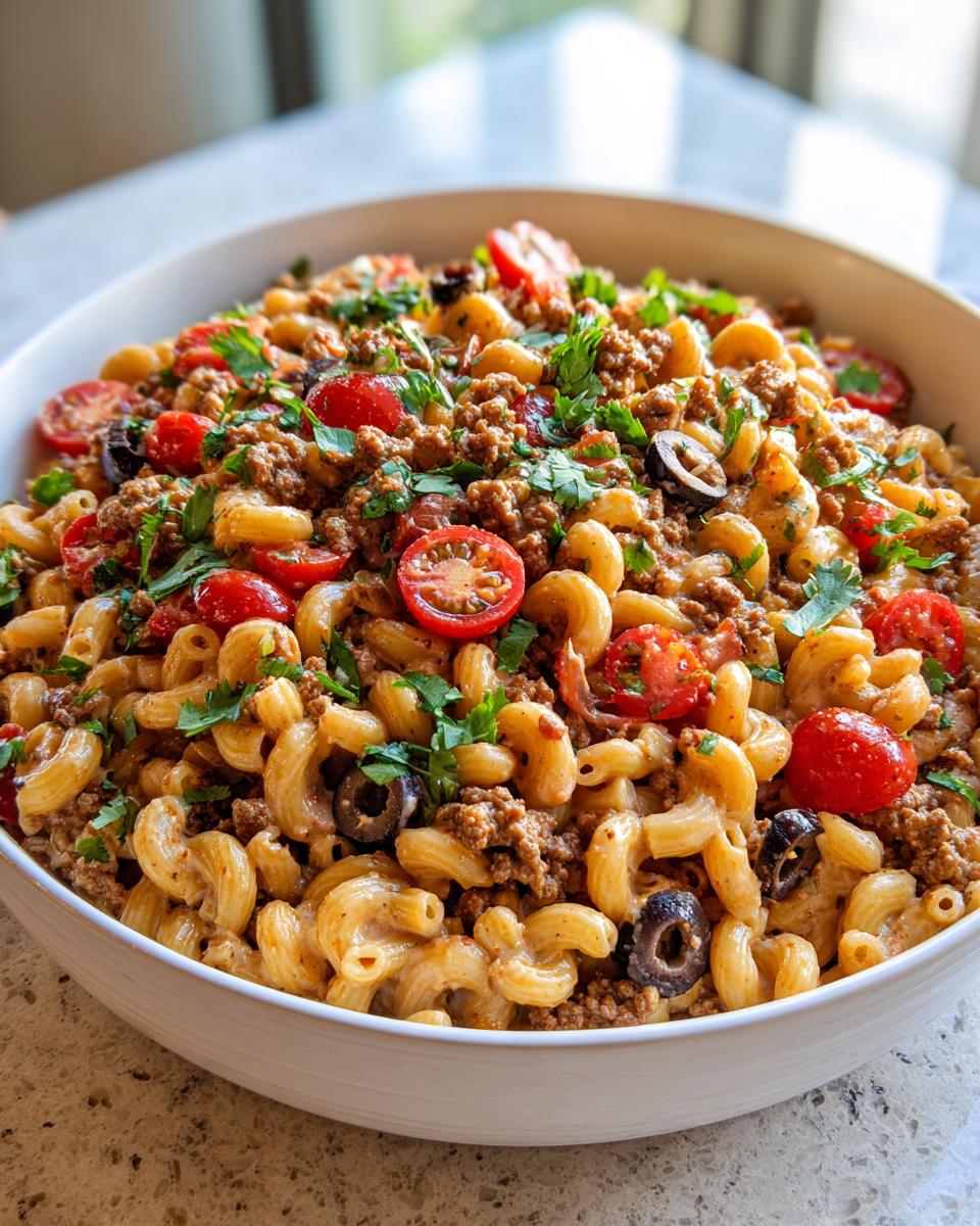 A large white bowl filled with creamy taco pasta salad featuring elbow macaroni, seasoned ground meat, cherry tomatoes, and sliced black olives.