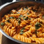 Close-up of creamy tomato basil pasta with fusilli and wilted spinach in a stainless steel pan.
