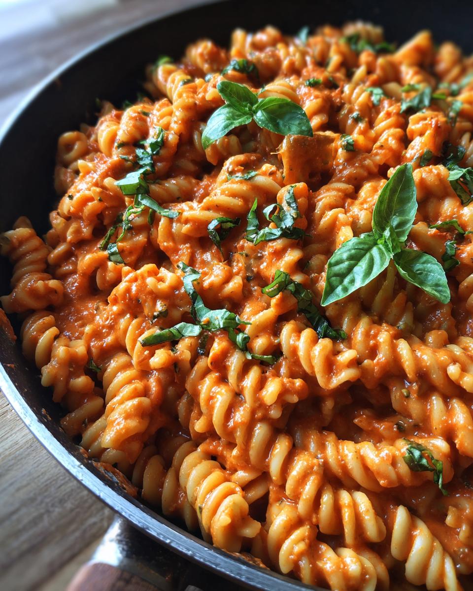 Close-up of creamy tomato basil pasta made with fusilli noodles, garnished with fresh basil leaves.