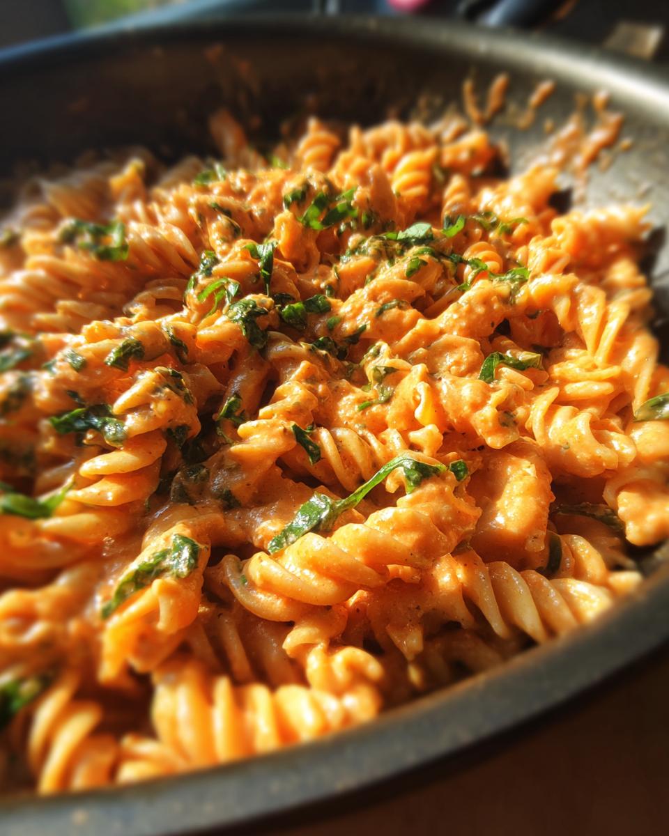 Close-up of creamy tomato basil pasta made with fusilli noodles and fresh basil, served directly in a dark skillet.