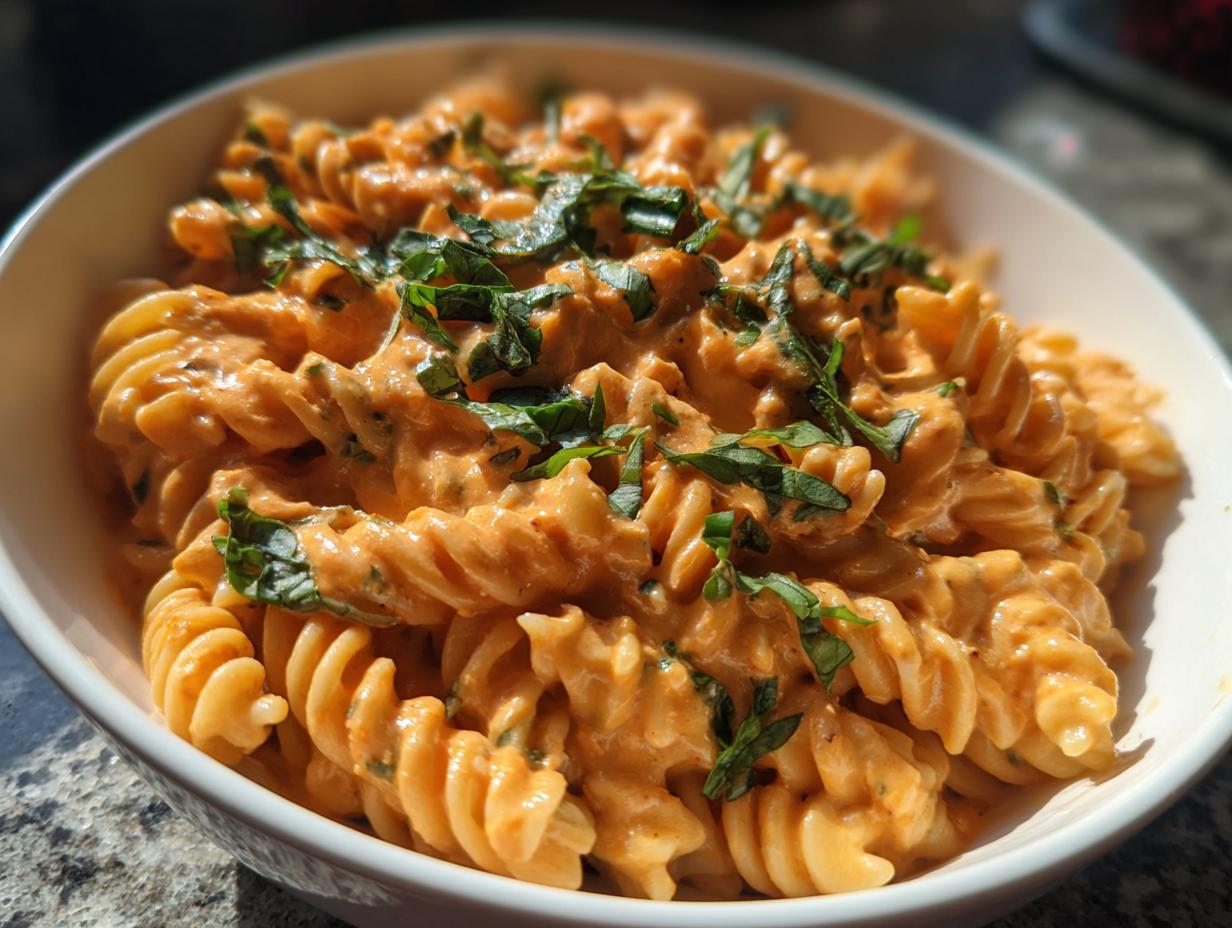 Close-up of creamy tomato basil pasta made with fusilli, topped with fresh basil.