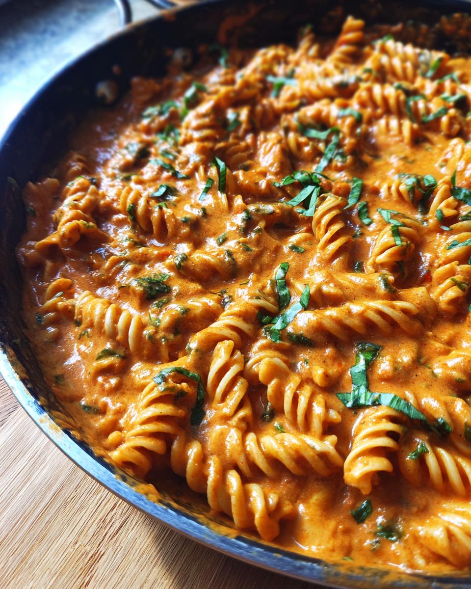 Close-up of creamy tomato basil pasta made with fusilli noodles, garnished with fresh basil.