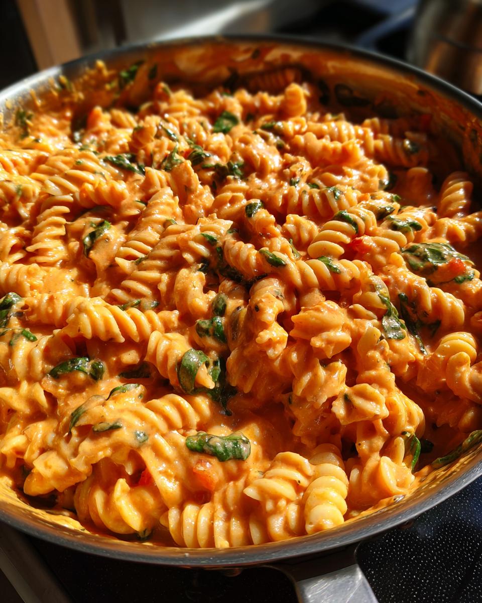 Close-up of creamy tomato basil pasta made with fusilli noodles and wilted spinach in a stainless steel skillet.