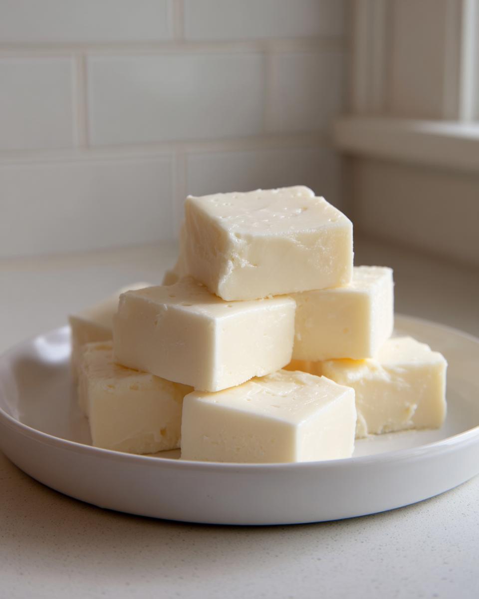 A stack of creamy, pale yellow white chocolate fudge cubes piled on a white dish.