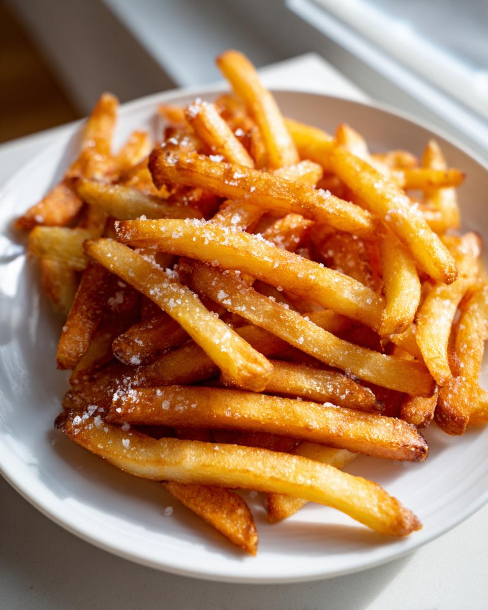 A close-up of golden brown air fryer french fries generously sprinkled with coarse sea salt on a white plate.